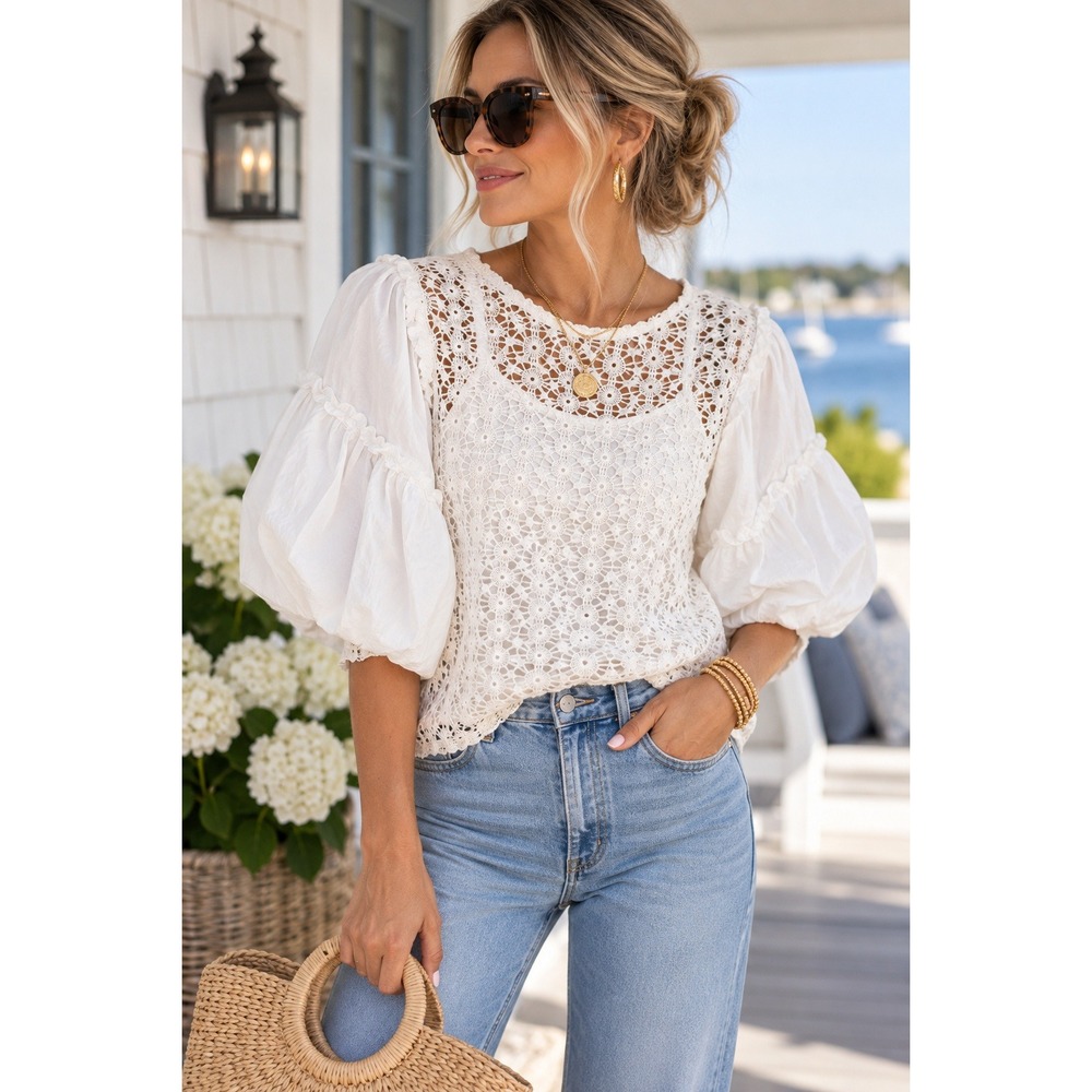 Stella & Dot White Crochet Lace Puff Sleeve Top Medium Floral Eyelet Boho Camo